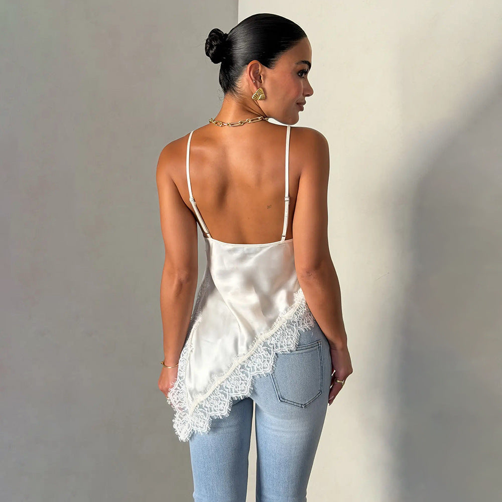 European and american style  spring/summer new sexy & sweet hot girl lace trim camisole low-cut backless t-shirt