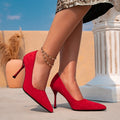 Women's red fashion studded heels - stiletto slip-ons, pointed-toe, minimalist party pumps