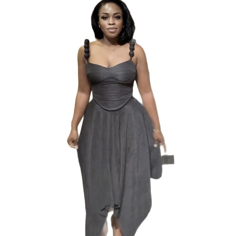 European and american cross-border women's fashion:  spring new arrival - elegant designer camisole top and asymmetrical midi skirt set