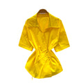 Korean-inspired, design-forward, cinched-waist blouse for women. spring collection, short-sleeved, relaxed-fit, open-front cardigan. elegant and sophisticated, with a touch of french flair