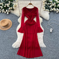 French chic, luxe & refined: v-neck, flared sleeve, mesh midi dress - figure-flattering, slimming, and effortlessly elegant