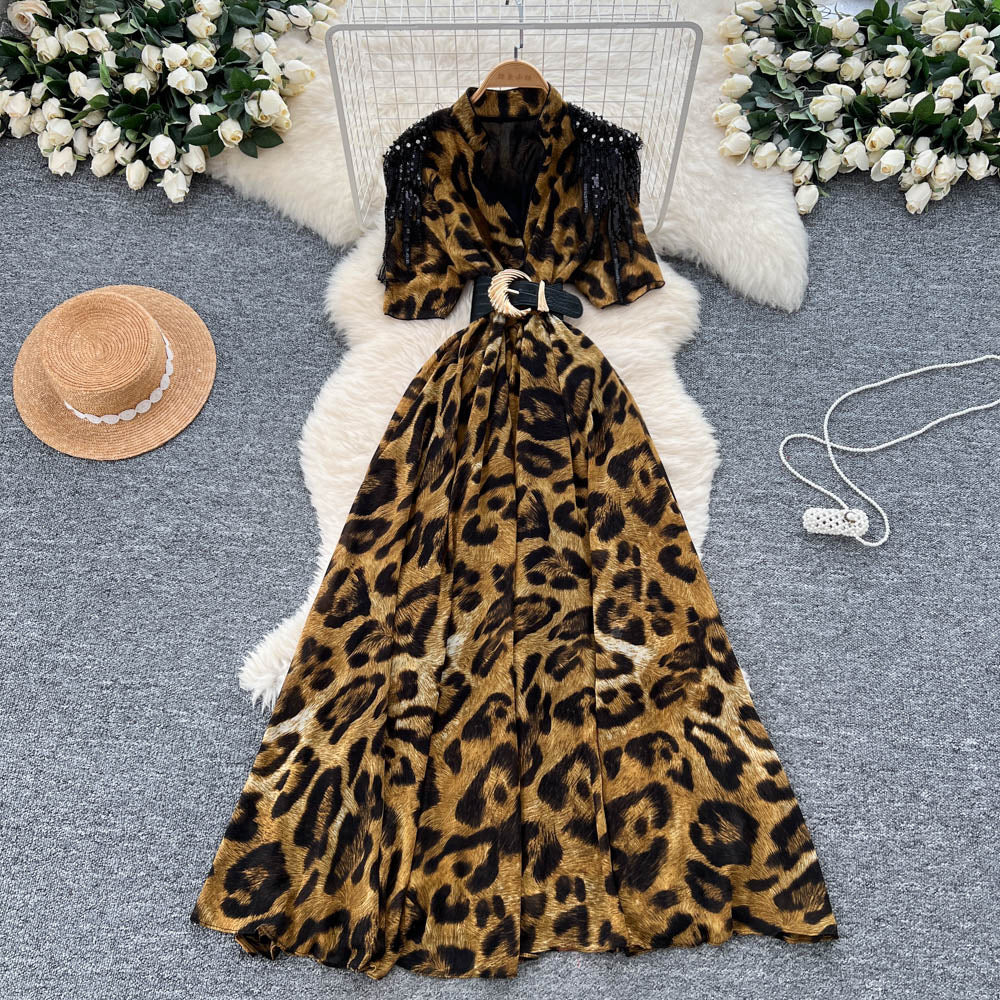 European and american fashion light luxury diamond-embellished tassel v-neck tie-waist printed maxi dress - slimming, elegant, and flowy