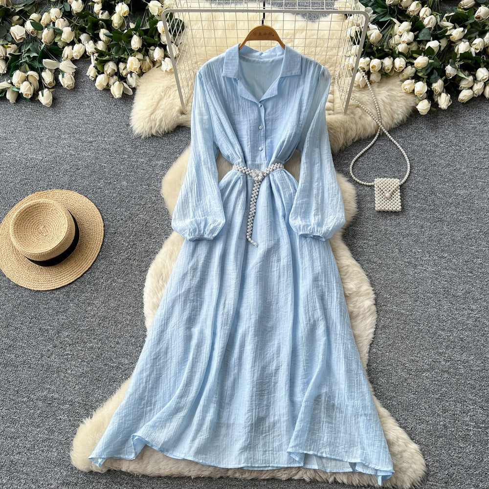 Korean style commute blue ruched long sleeve dress - women's summer slimming a-line elegant maxi dress