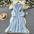 Korean style commute blue ruched long sleeve dress - women's summer slimming a-line elegant maxi dress