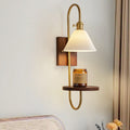 Vintage walnut wall sconce with antique brass and ceramic shelf - bedroom bedside b&b manufacturer