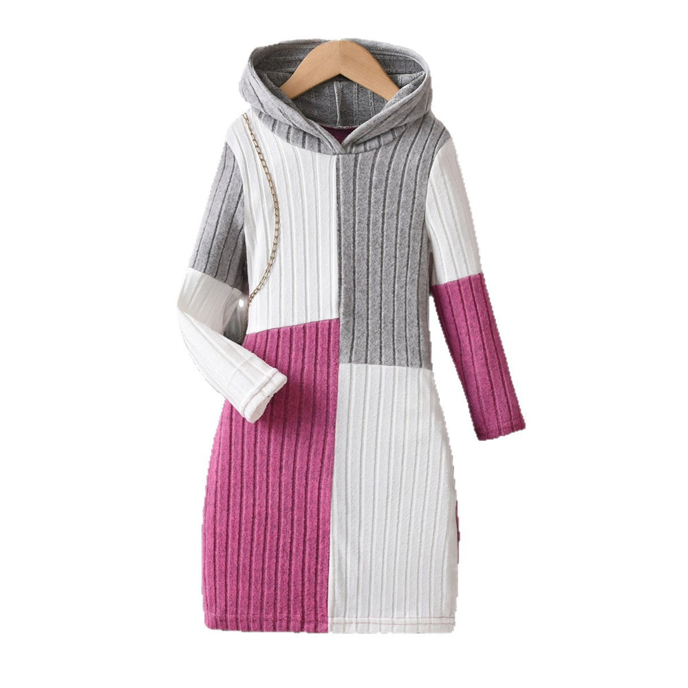 girldresslong sleeves color block pit stripeswoolen hoodie kidscasualfall and winterfall and winter long skirt