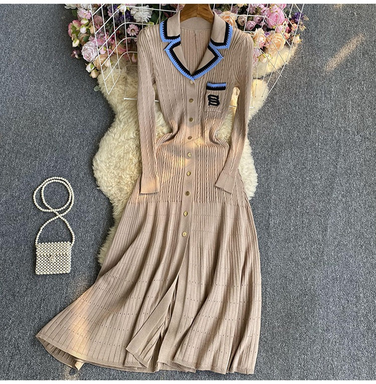 Xiaoxiangfengknittingdress women's fall and winternew arrival women's bottom skirtelegant waist contrast colorembroidersweaterlong skirt