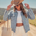 Fashion cross-border foreign trade lapel beading double patch pocket metal button hem raw edge drop shoulder version denim outwear for women
