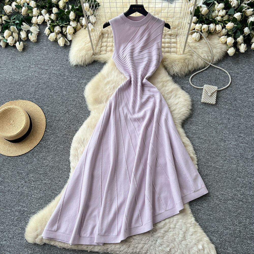 French chic sleeveless knit irregular hem dress - women's summer retro a-line dress - slimming, elegant, and versatile workwear maxi dress