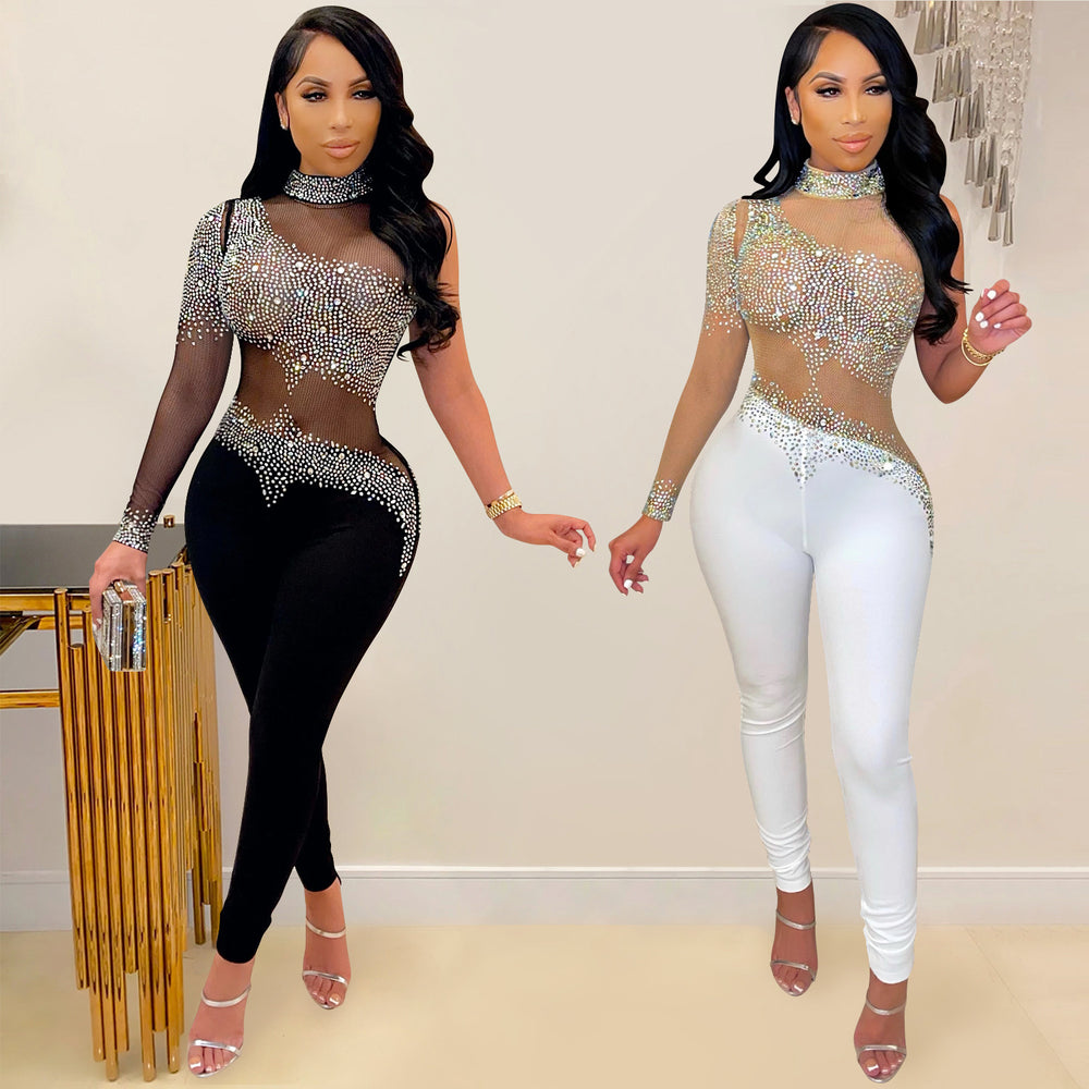 X5336 cross-border new product european and american fashion nightclub women's see-through mesh milk silk stitching hot diamond one-shoulder jumpsuit