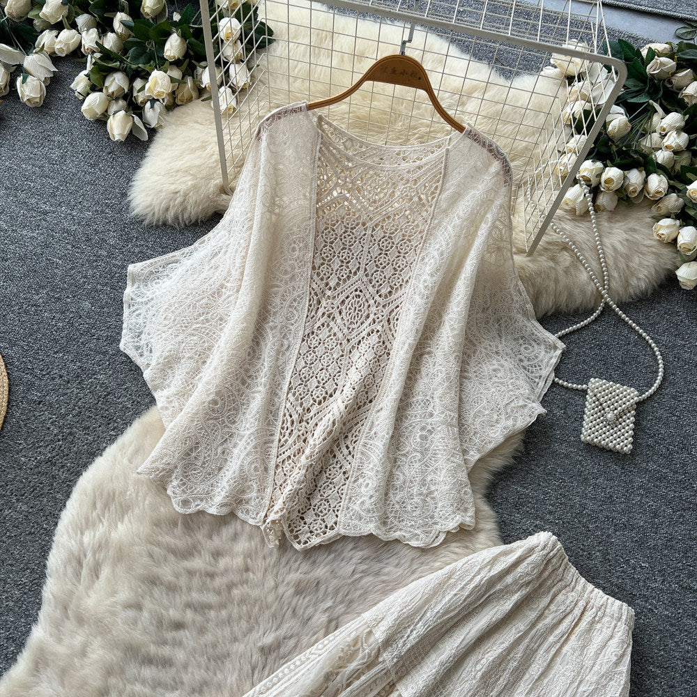 Gentle wind lacecut outeleganttwo-piece set women's summer pure desire wind silmslimming lookwork clothingelegancesuit