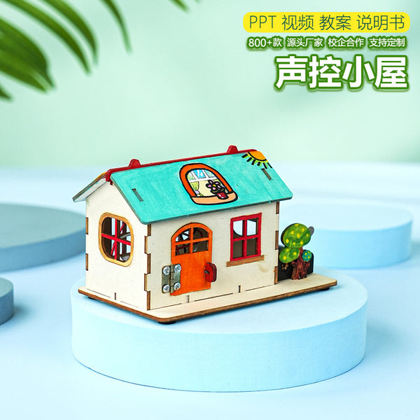Voice-activated hut technology small production wooden splicing handmade DIY material package science experiment STEAM course teaching aids