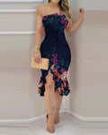european and american style new summer collection: navy blue fashionable trendy printed asymmetrical twist knot off-the-shoulder bodycon dress