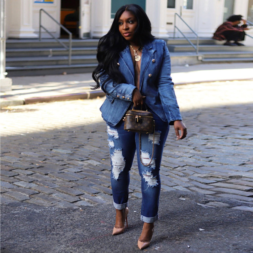european and american celebrity style slim fit double-breasted denim blazer with lion buckle detail