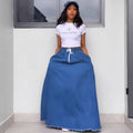European and american style denim skirt  cross-border women's fashion washed pure color drawstring high waist lotus leaf long skirt