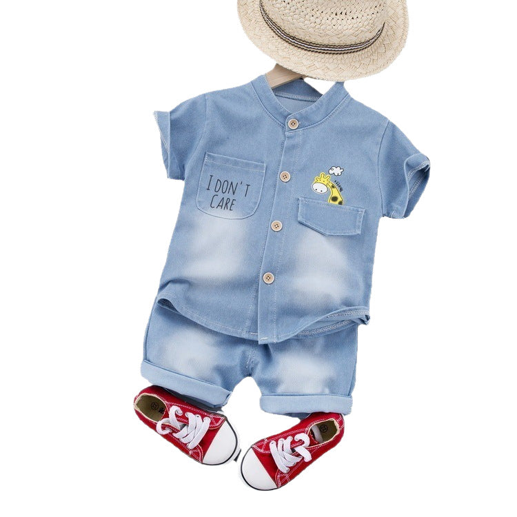 New korean style kids' denim short sleeve set - cartoon deer print shirt + shorts - wholesale boys' clothing