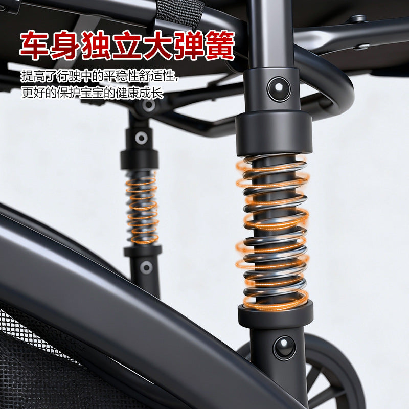 Stylish, lightweight, foldable, high-view four-wheel shock-absorbing baby stroller with one-click fold