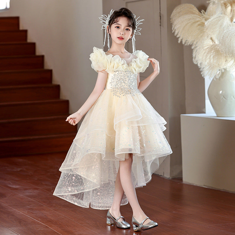 Girls' mesh evening gown, flower girl wedding dress for mid-to-large children, princess dress with train, european and american style, ages 3-14