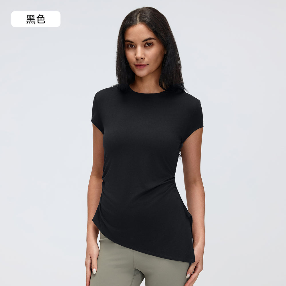 Summer crew neck activewear short sleeve women's ruched waist slimming yoga top running fitness t-shirt d26071