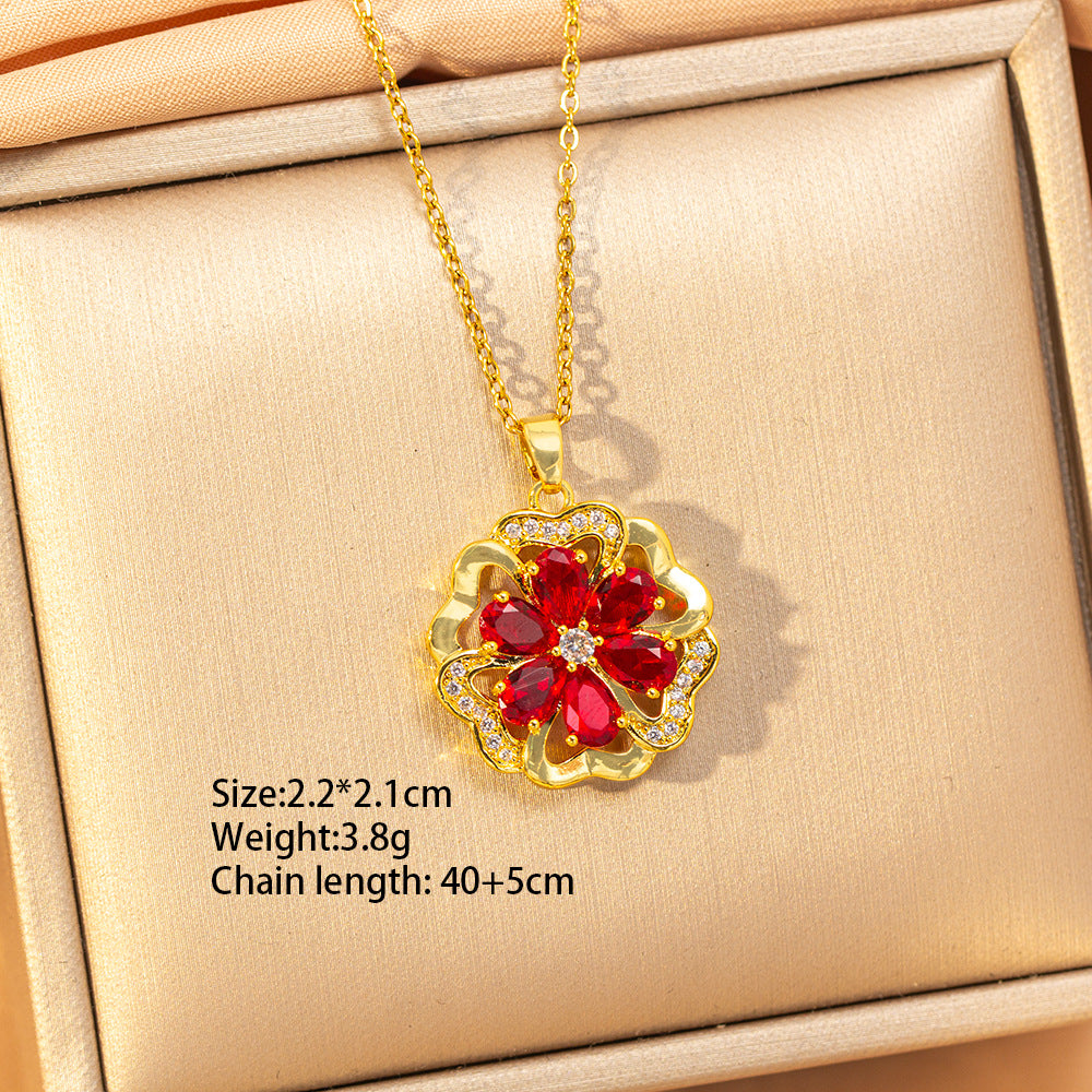 【titanium steel】copper inlaid zircon light luxury new style ruby necklace women's high-end fashion versatile elegant sweater chain jewelry