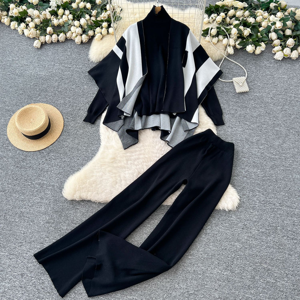 K-stylestripesprinting shawl high collar knittingsweater with high waistdrapedloose-fit silm pants royal sistersuit winter