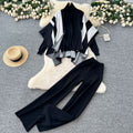 K-stylestripesprinting shawl high collar knittingsweater with high waistdrapedloose-fit silm pants royal sistersuit winter