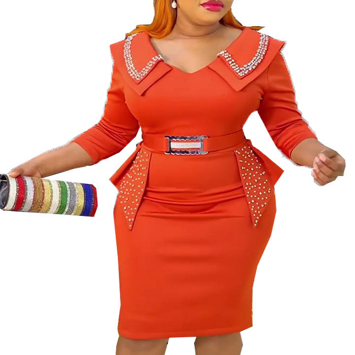 new african cross-border fashion: women's short-sleeve, bodycon, beaded, professional-style dress
