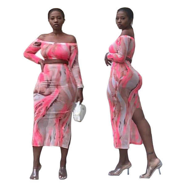 K9726 European and American fashion women's clothing  popular long-sleeved off-the-shoulder mesh printing rear split skirt set in stock