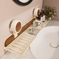 Walnut suction cup bathroom organizer - no drilling required - over-mirror faucet & vanity storage shelf