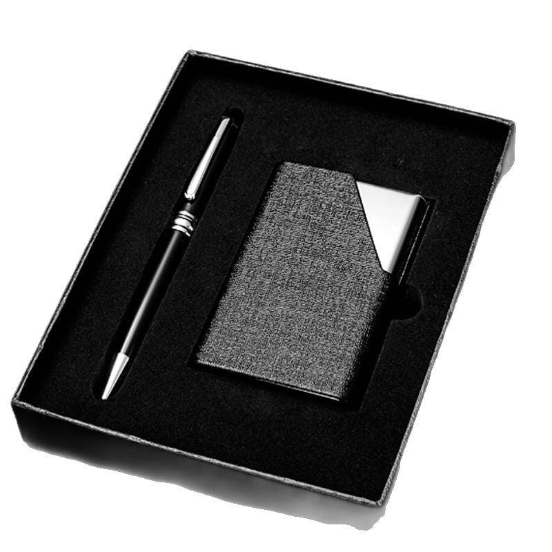 Leather card bag, business card box set, business gift set, pen with stainless steel PU card bag, ID bag, spot.