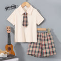 Children's short-sleeved bow plaid shorts suit
