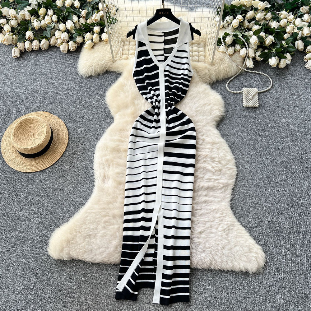 Summer dress: unique, high-end, sleeveless, slim-fit, color block striped knit dress with polo collar - bodycon maxi dress