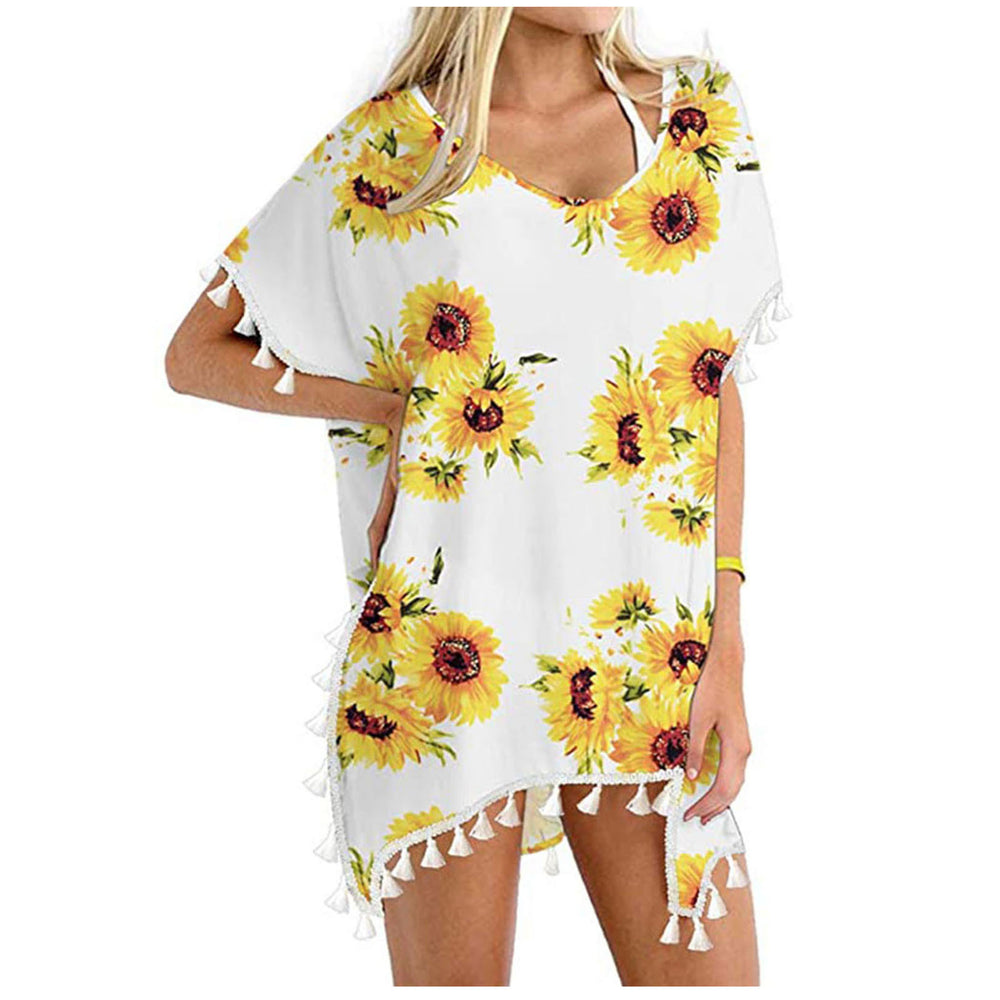 fashionnew arrivalprinting tassel small white ball chiffon beach skirt blouse ready-made trendy brand