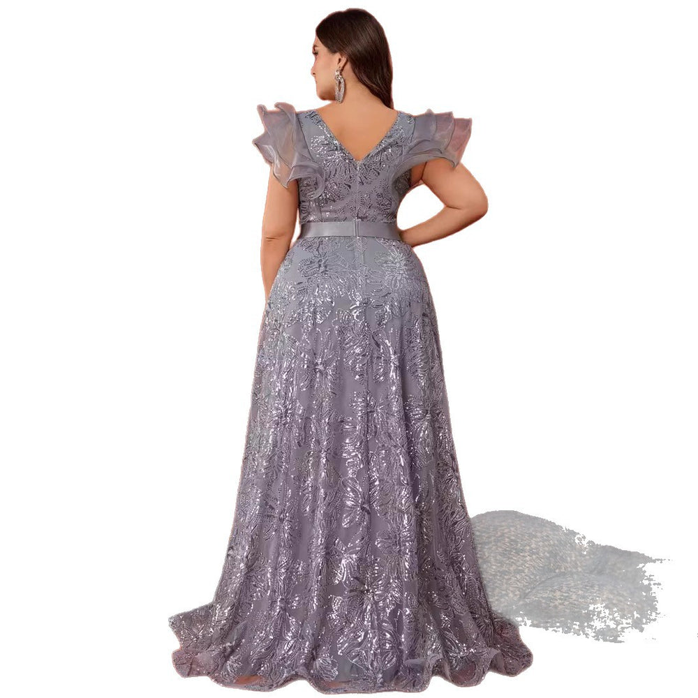 New european and american style sequin-embellished satin sleeveless v-neck a-line elegant evening prom gown dress