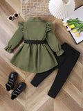 children's wear cross-border autumn new arrivals: girls' fashionable longline shirt dress with belt and leggings set