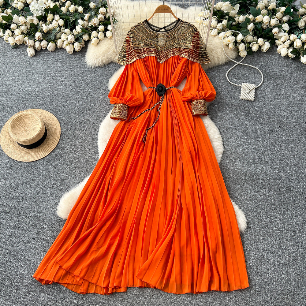 French-style heavy embroidery beaded sequin mesh patchwork lantern sleeve tie-waist pleated maxi dress - women's high-end long dress