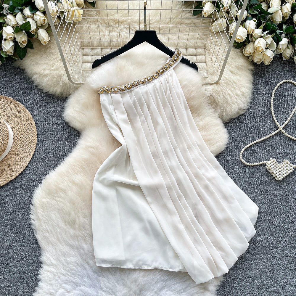 Frenchniche style halter neck and slanted shoulder diamond dress for women summer white pure lust style backlessslimming look a-line skirt holiday style