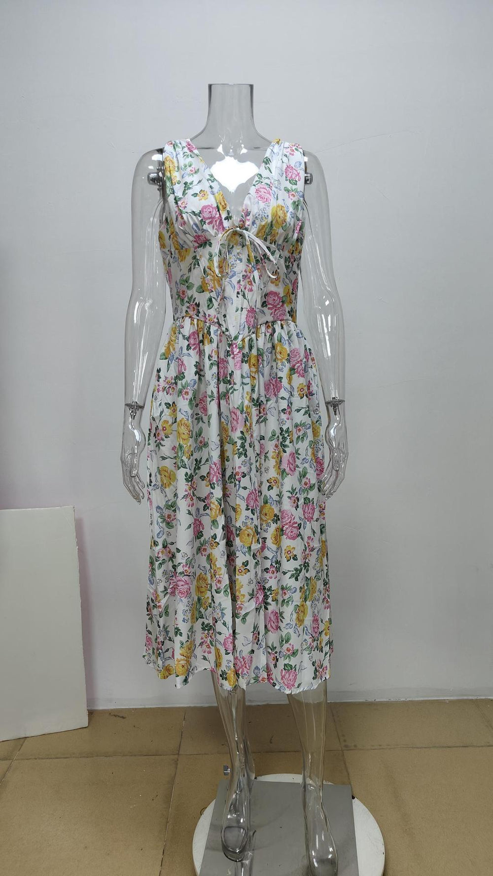 summer new women's clothing  cross-border fashionable and elegant v-neck printed waist-cinching camisole dress