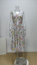 summer new women's clothing  cross-border fashionable and elegant v-neck printed waist-cinching camisole dress