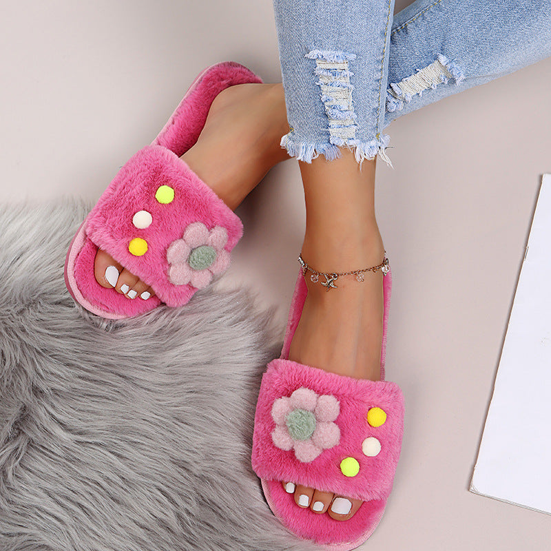 2024 fall/winter new arrivals: minimalist floral plush slippers for women - trendy, flat, and perfect for wearing out. wholesale available