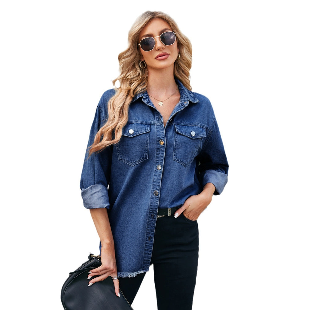 Ebay fashion cross-border export women's independent station  new washed raw edge denim long sleeves lapel tops