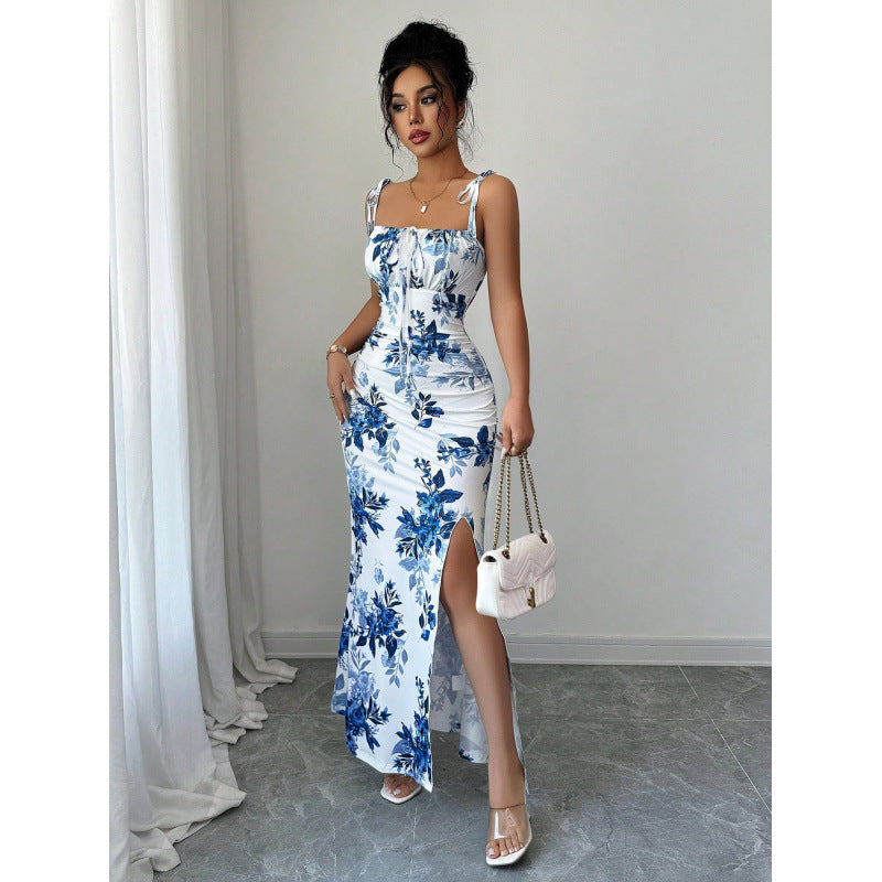 Women's printed spaghetti strap maxi dress with cinched waist and slit – elegant spring/summer outfit for evening events and vacations