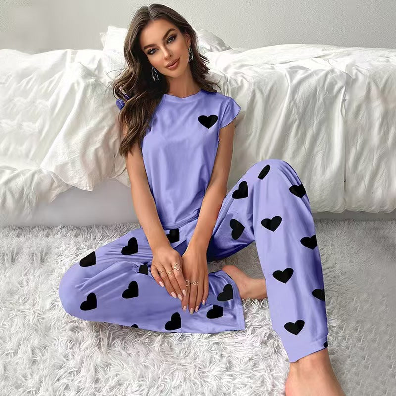 european and american new women's loungewear set: heart print t-shirt and casual comfortable pants pajama two-piece