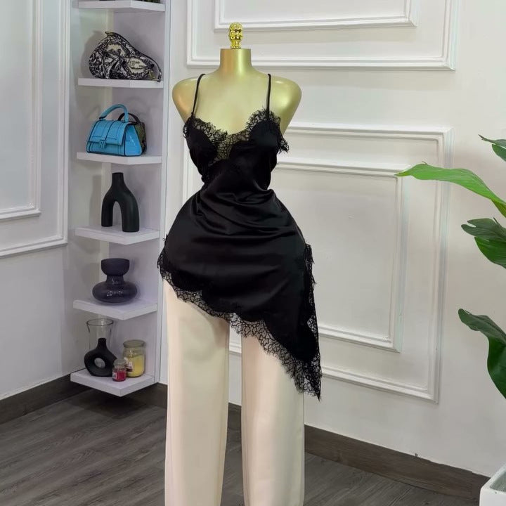 European and american cross-border women's fashion:  summer new arrivals - sexy and chic asymmetrical lace trim cami mini dress