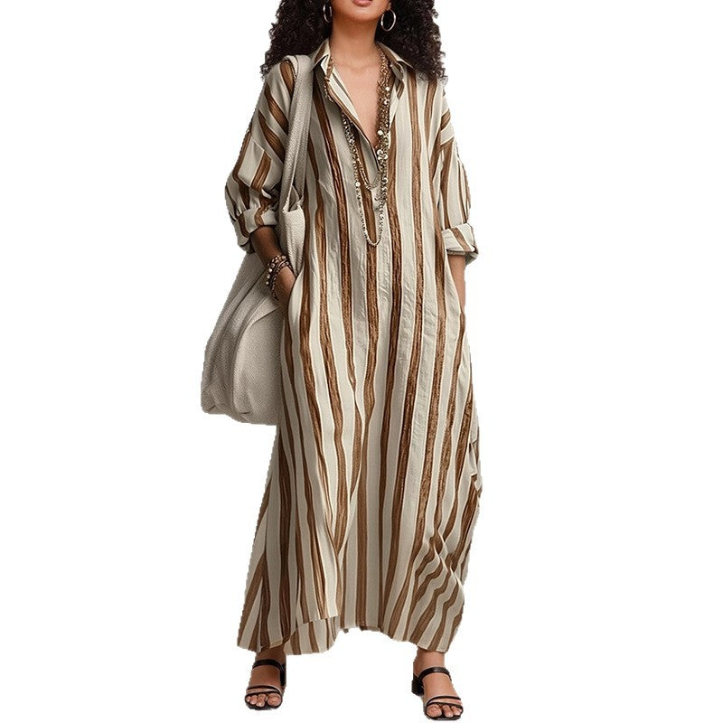 cross-border european and american women's clothing: summer dress for women, casual everyday loose striped v-neck dress