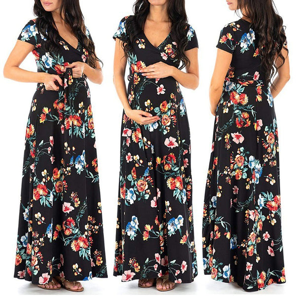 2023 maternity dress  Europe and America new women's clothing printed belt nursing short sleeve spring and summer long dress wholesale