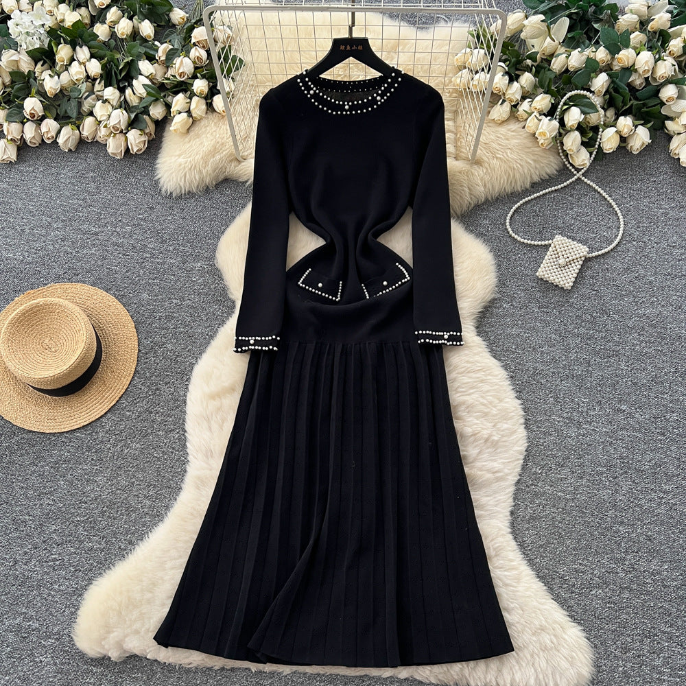 French style beaded round neck long sleeve knitted dress with cutout crochet detail and cinched waist - perfect for layering or as a long sweater dress