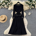 French style beaded round neck long sleeve knitted dress with cutout crochet detail and cinched waist - perfect for layering or as a long sweater dress
