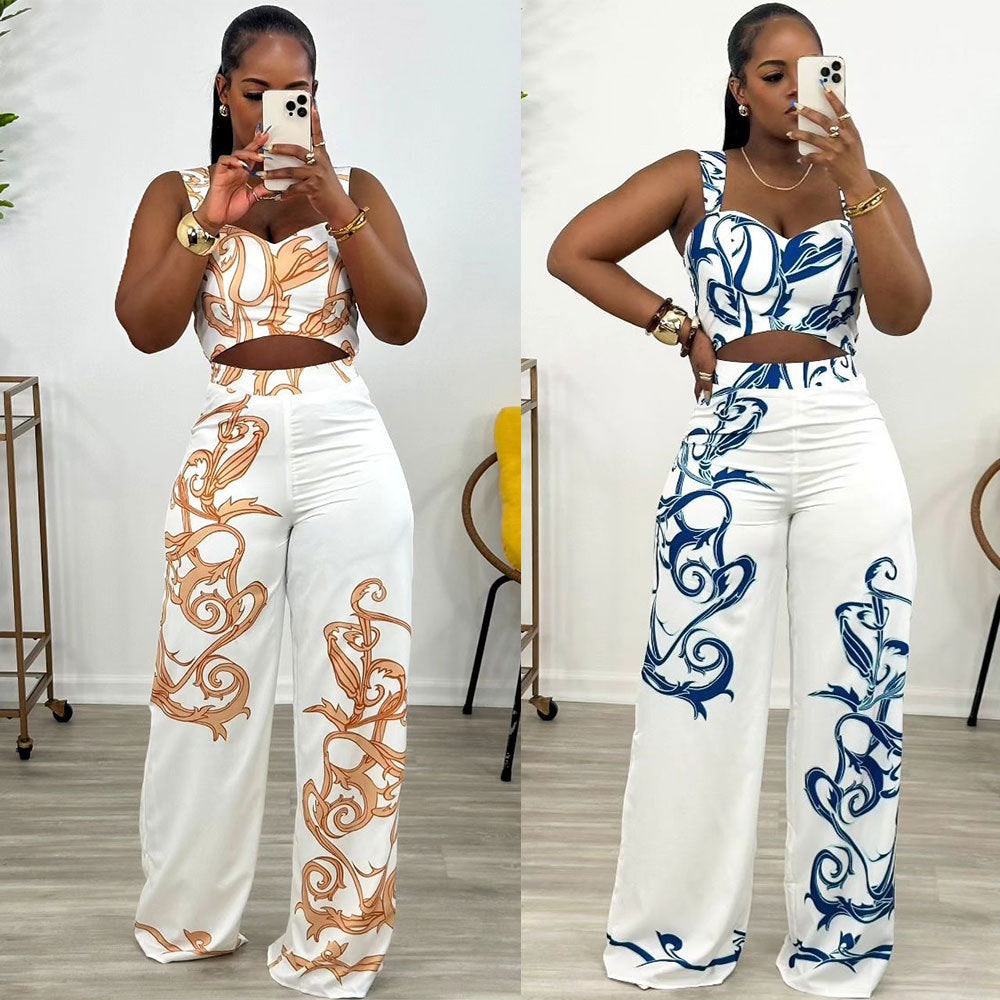 S10805 European, American, sexy, printed suspender high-waisted wide-leg pants two-piece set