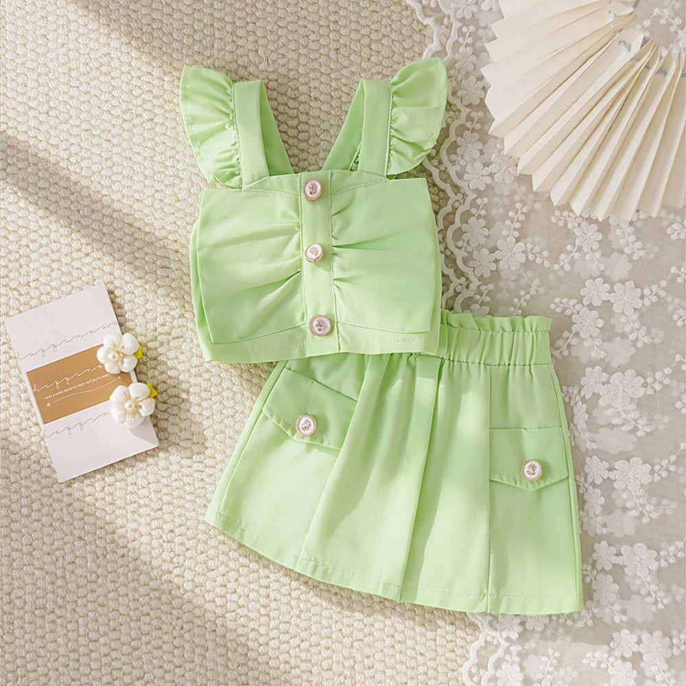 Kids clothing cross-border exclusive for european and american girls new arrival children's green flying sleeve vest + shorts children's clothing
